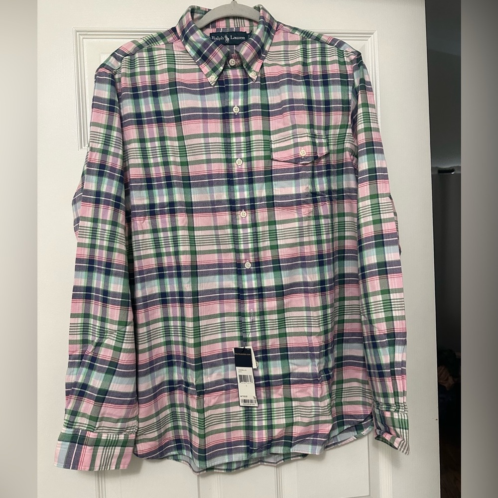 Ralph Lauren Pink and Green Plaid Polo Shirt pocket front